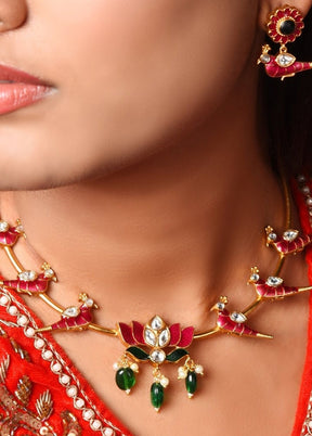 Gold Matt Polish Semi Precious Stones With Kundan Necklace With Earrings Set