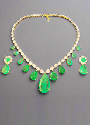 Green Doublet Emerald Gold Polish Korean Cz Necklace With Earrings Set