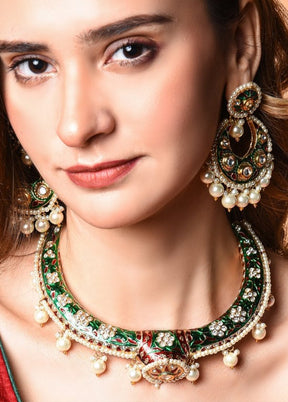 Green Gold Polish Meena Handwork Necklace With Earrings Set