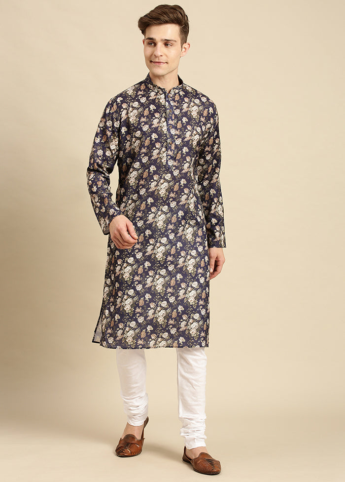 Navy Blue Printed Cotton Kurta VDSAN040492 - Indian Silk House Agencies