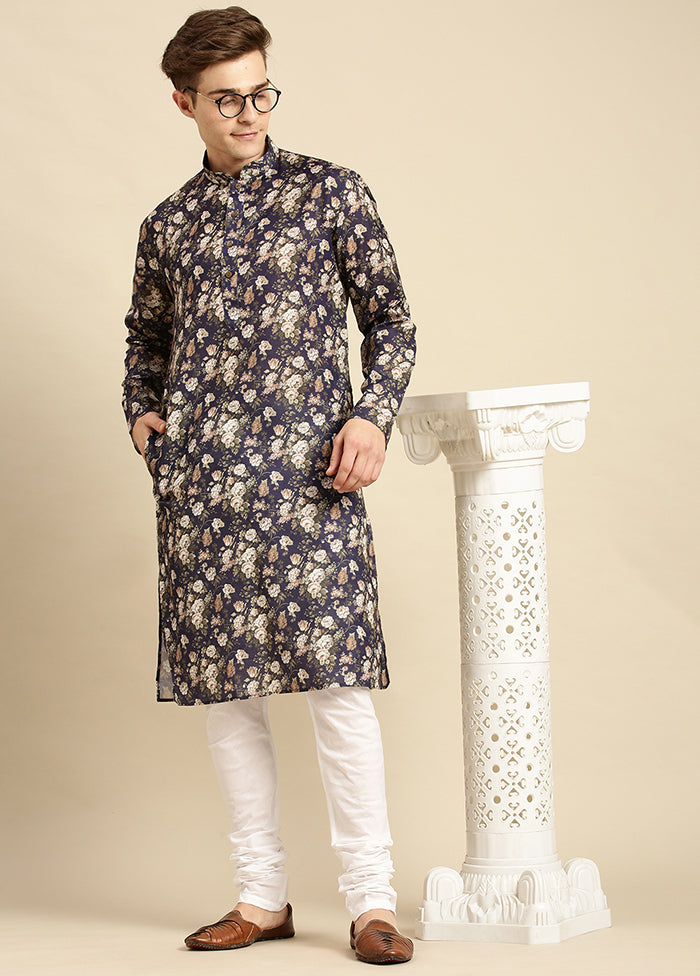 Navy Blue Printed Cotton Kurta VDSAN040492 - Indian Silk House Agencies