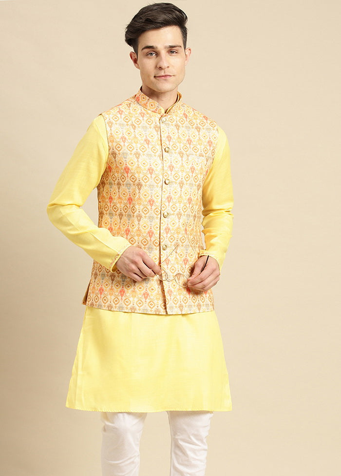 2 Pc Yellow Cotton Printed Kurta Jacket Set - Indian Silk House Agencies