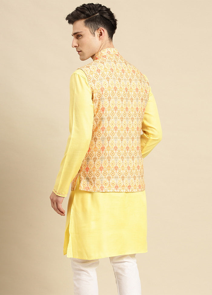 2 Pc Yellow Cotton Printed Kurta Jacket Set - Indian Silk House Agencies