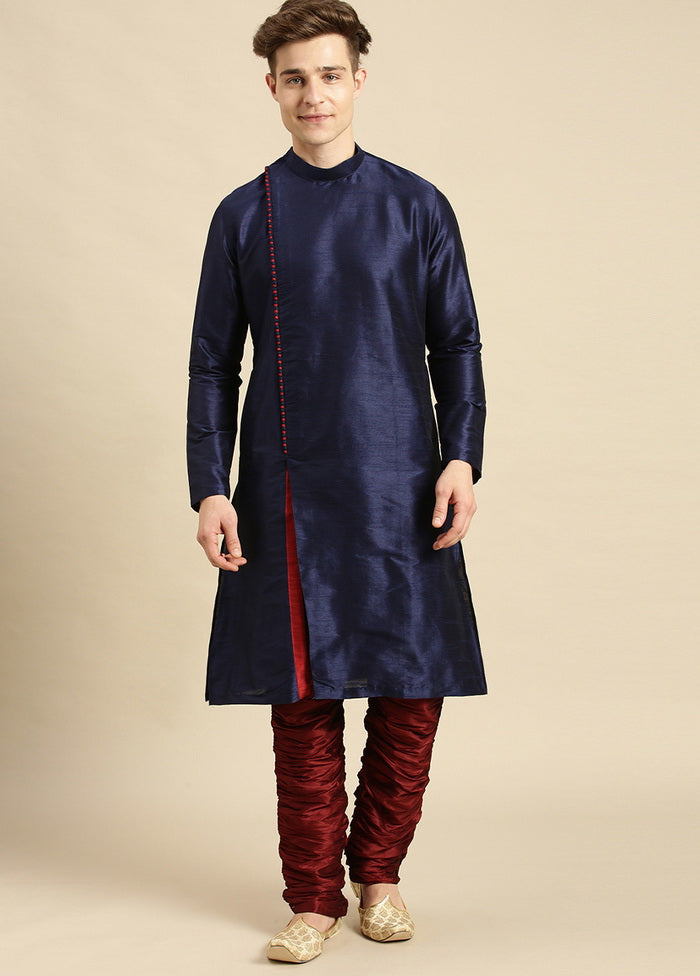 2 Pc Deep Blue Silk Solid Kurta Pajama Set VDSAN210152 - Indian Silk House Agencies