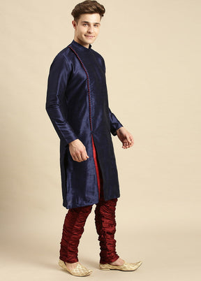 2 Pc Deep Blue Silk Solid Kurta Pajama Set VDSAN210152 - Indian Silk House Agencies