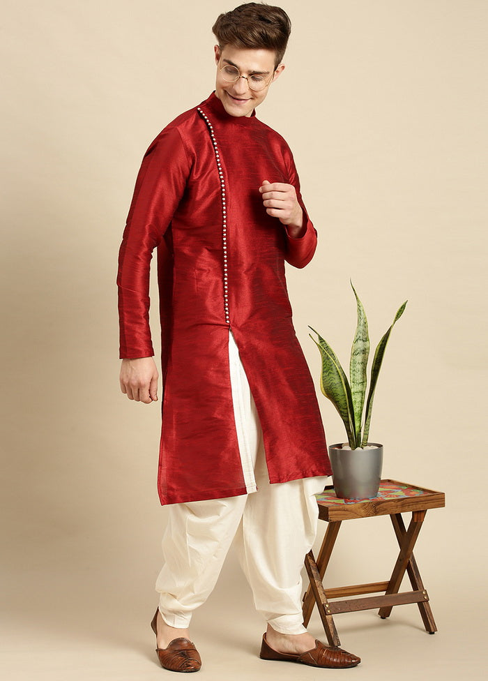 2 Pc Red Silk Solid Kurta Pajama Set VDSAN210167 - Indian Silk House Agencies