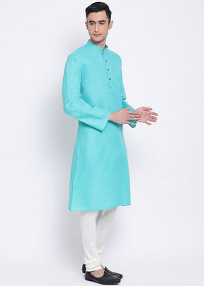 2 Pc Sky Blue Solid Cotton Kurta Pajama Set - Indian Silk House Agencies