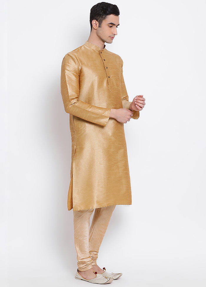 2 Pc Golden Solid Silk Kurta Pajama Set VDSAN040535 - Indian Silk House Agencies