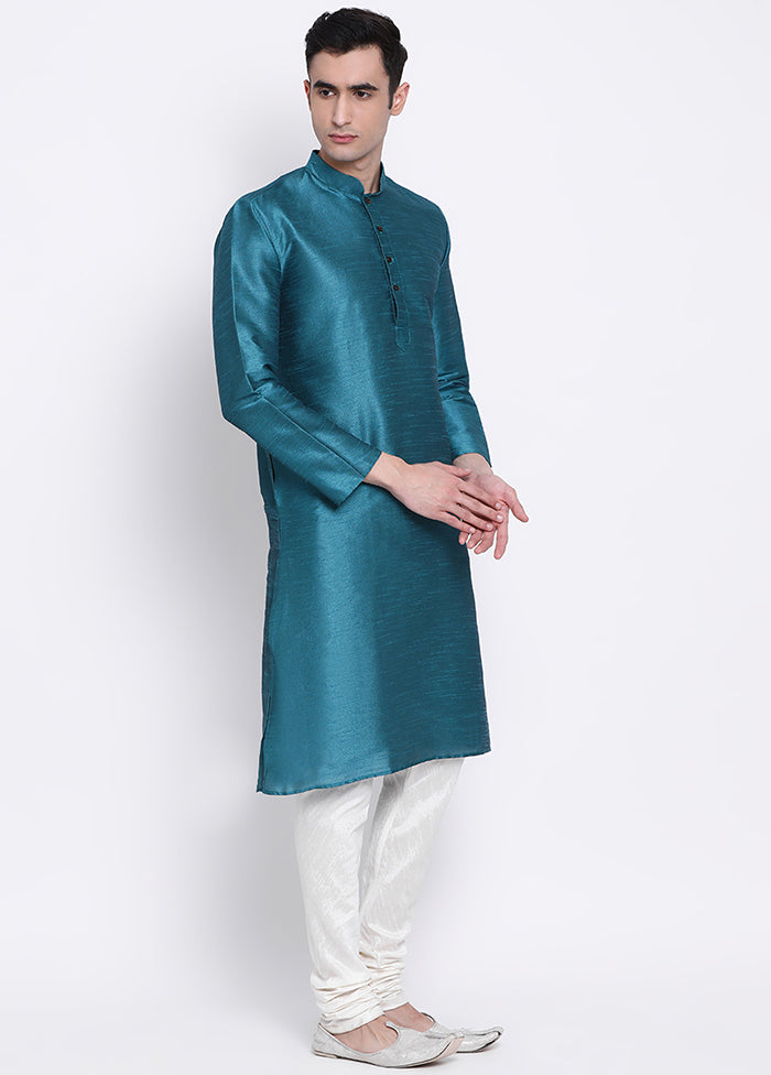 2 Pc Sea Sea Green Solid Silk Kurta Pajama Set VDSAN040540 - Indian Silk House Agencies