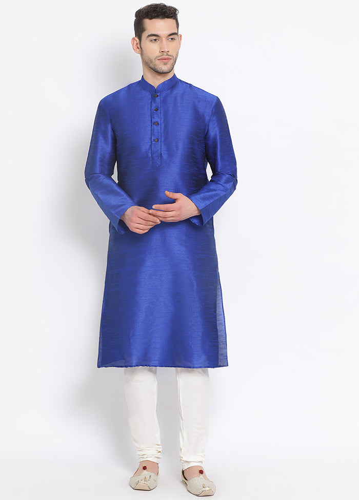 2 Pc Blue Solid Silk Kurta Pajama Set VDSAN040541 - Indian Silk House Agencies