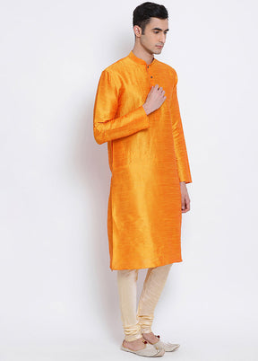 2 Pc Orange Solid Silk Kurta Pajama Set VDSAN040545 - Indian Silk House Agencies