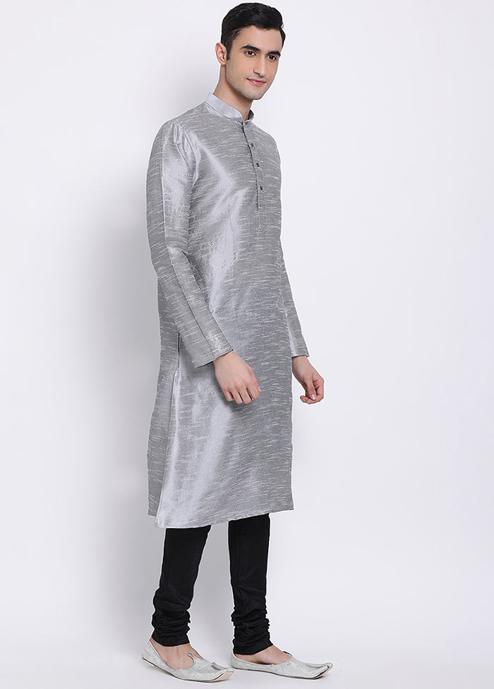 2 Pc Grey Solid Silk Kurta Pajama Set VDSAN040552 - Indian Silk House Agencies