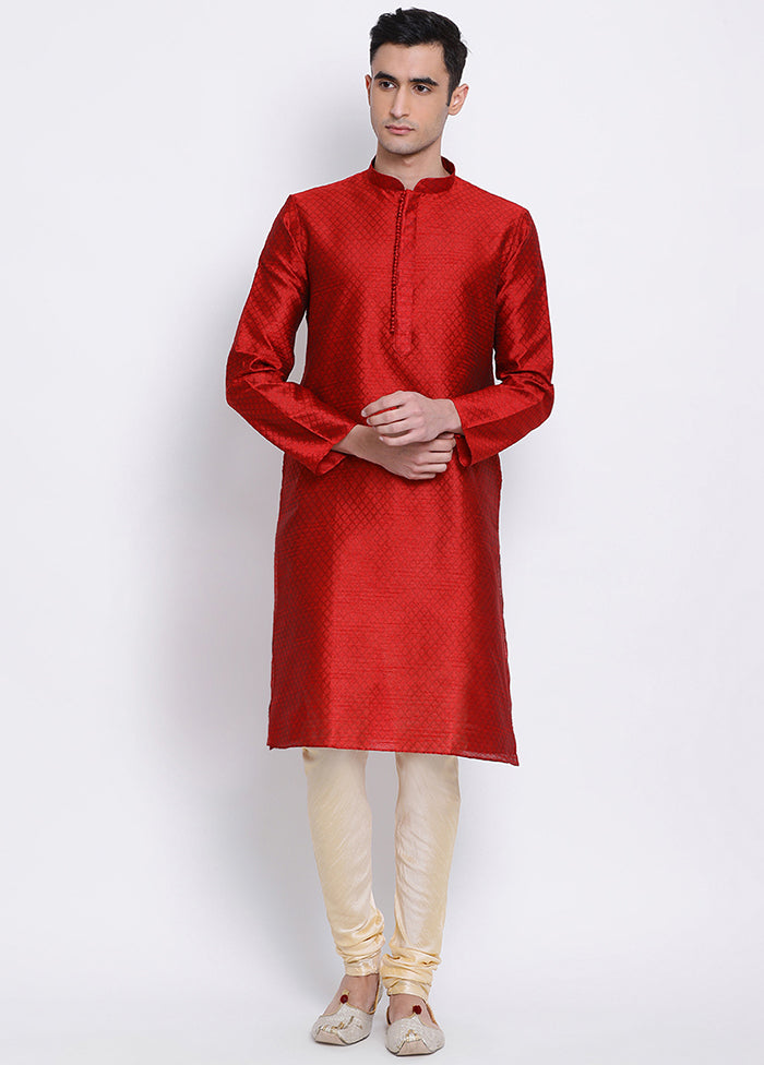 2 Pc Red Woven Silk Kurta Pajama Set VDSAN040557 - Indian Silk House Agencies