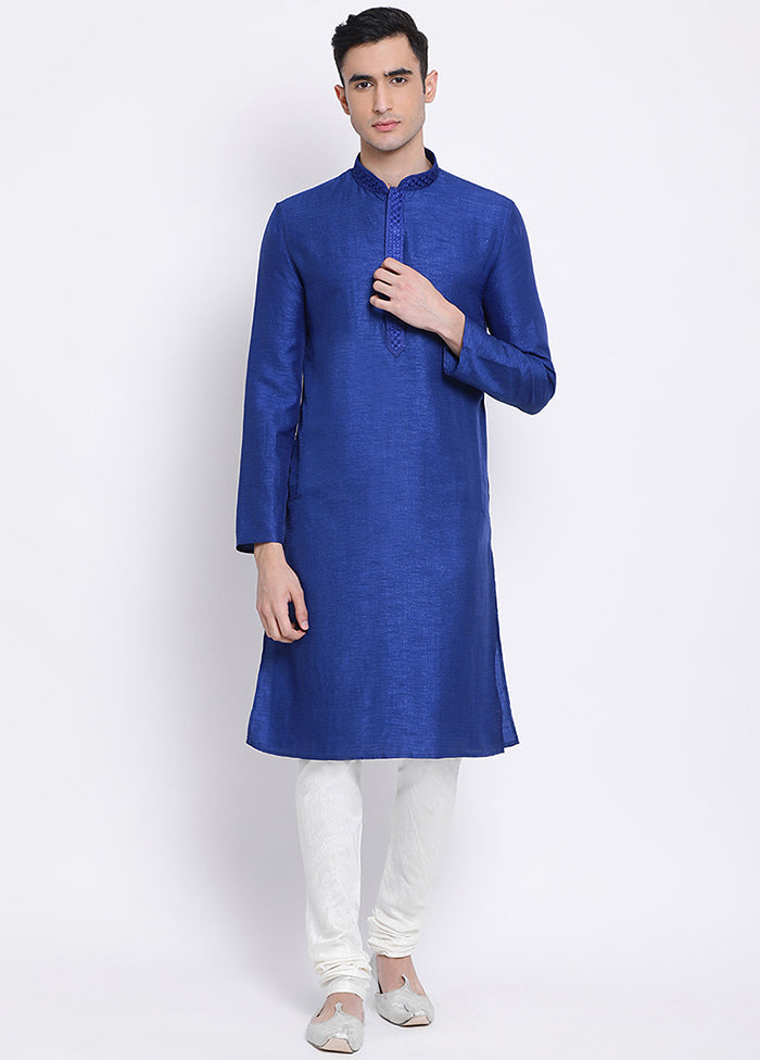 2 Pc Blue Solid Silk Kurta Pajama Set VDSAN040575 - Indian Silk House Agencies