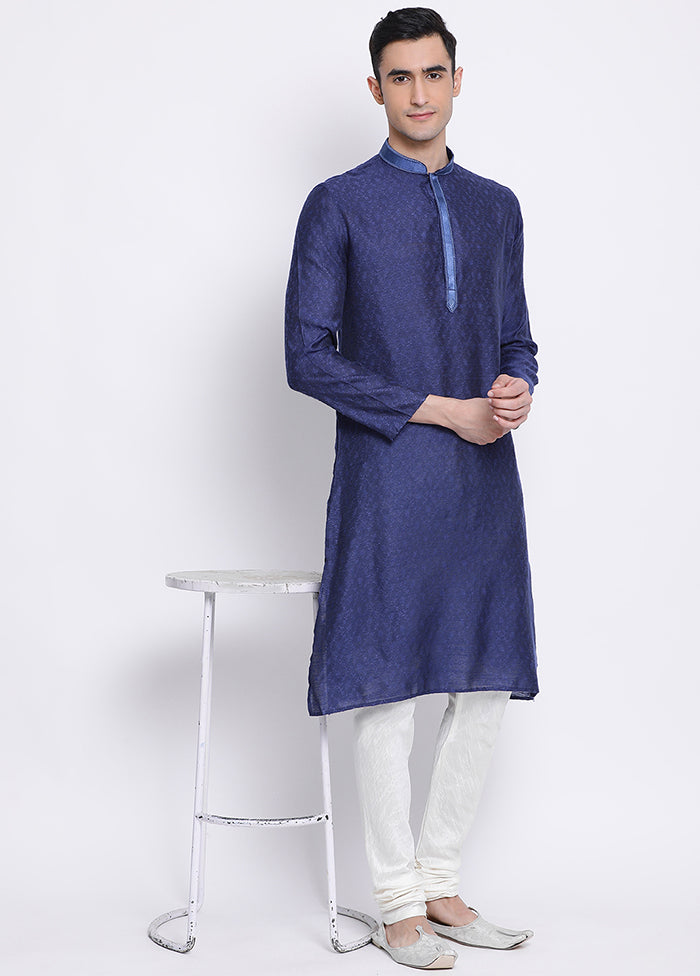 2 Pc Blue Woven Silk Kurta Pajama Set - Indian Silk House Agencies