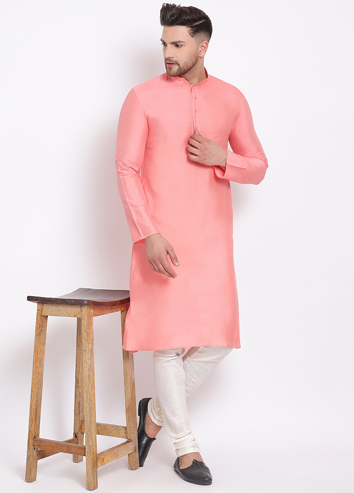 2 Pc Peach Solid Dupion Silk Kurta Pajama Set VDSAN040594 - Indian Silk House Agencies