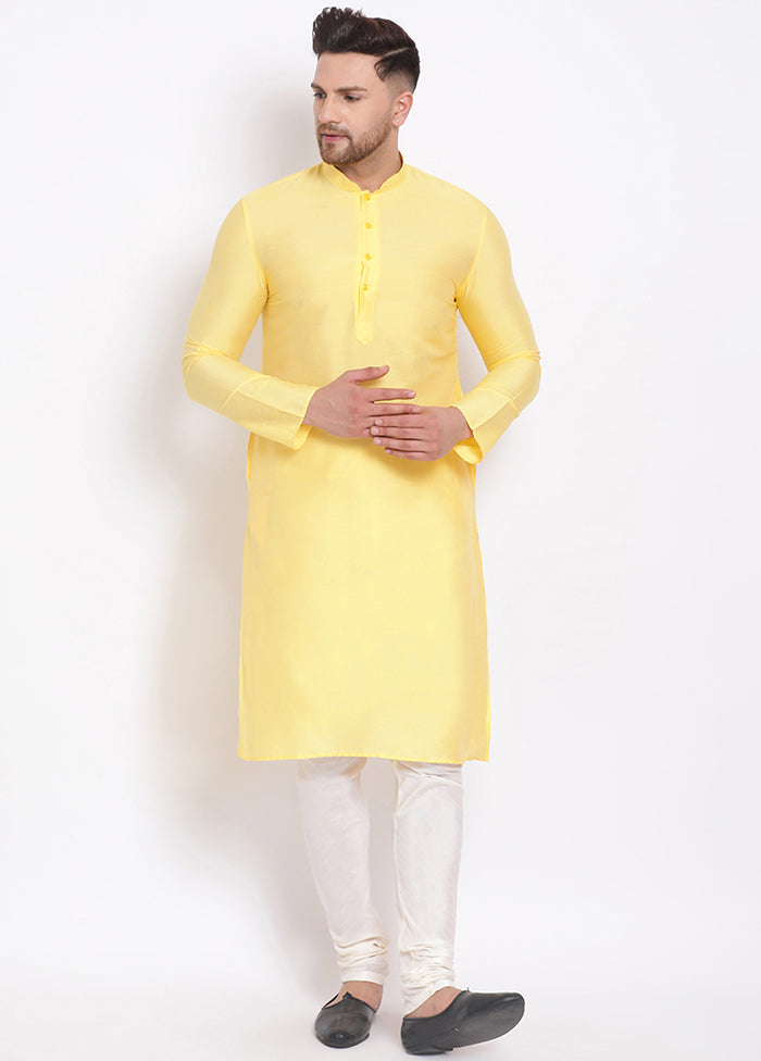 2 Pc Yellow Solid Dupion Silk Kurta Pajama Set VDSAN040595 - Indian Silk House Agencies