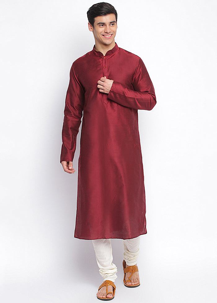 2 Pc Maroon Solid Dupion Silk Kurta Pajama Set - Indian Silk House Agencies