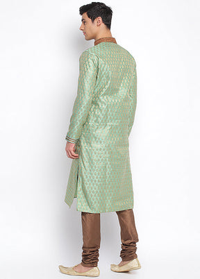 2 Pc Green Woven Silk Kurta Pajama Set VDSAN040658 - Indian Silk House Agencies