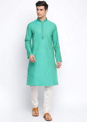 2 Pc Sea Sea Green Solid Silk Kurta Pajama Set VDSAN040661 - Indian Silk House Agencies