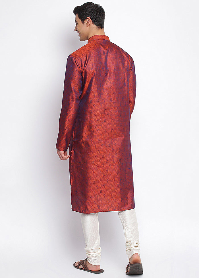 2 Pc Rust Woven Silk Kurta Pajama Set VDSAN040672 - Indian Silk House Agencies