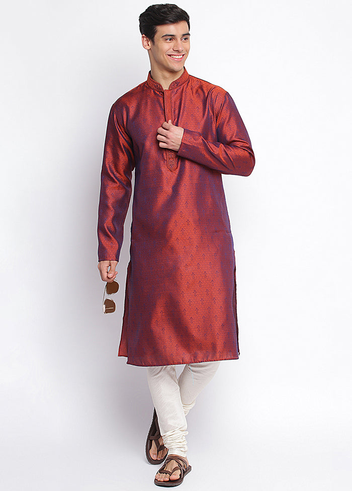 2 Pc Rust Woven Silk Kurta Pajama Set VDSAN040672 - Indian Silk House Agencies