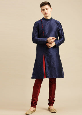 2 Pc Blue Solid Silk Kurta Pajama Set VDSAN040677 - Indian Silk House Agencies