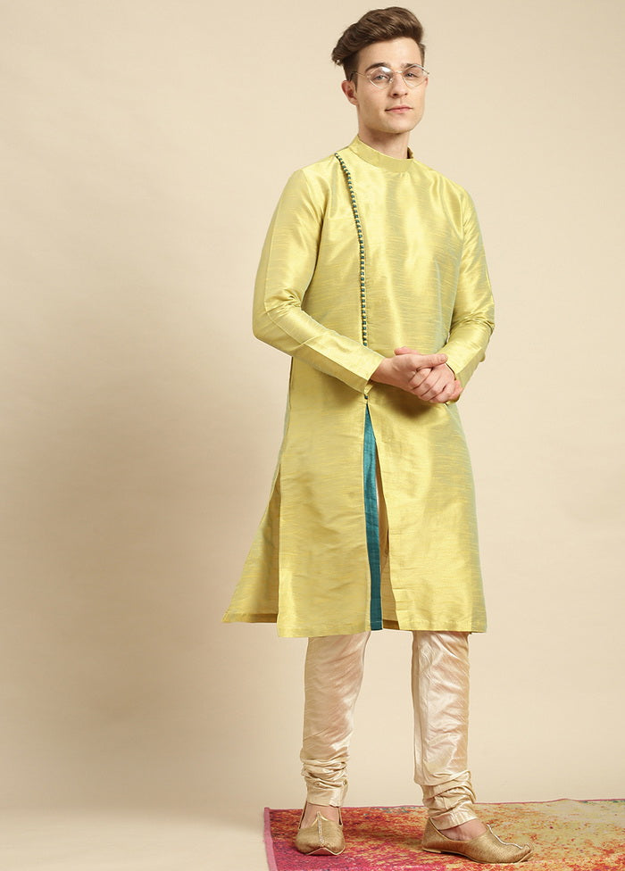 2 Pc Light Yellow Silk Solid Kurta Pajama Set VDSAN210155 - Indian Silk House Agencies