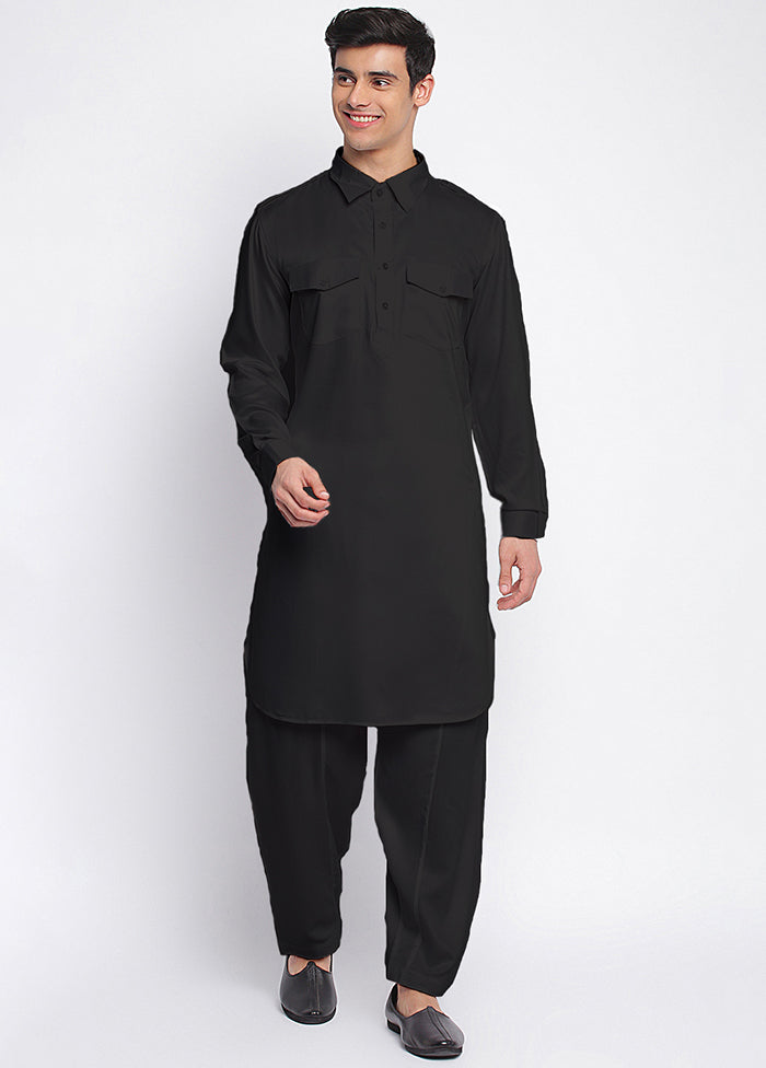 2 Pc Black Solid Cotton Kurta Pajama Set VDSAN040693 - Indian Silk House Agencies