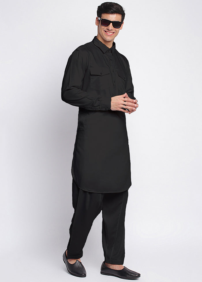 2 Pc Black Solid Cotton Kurta Pajama Set VDSAN040693 - Indian Silk House Agencies