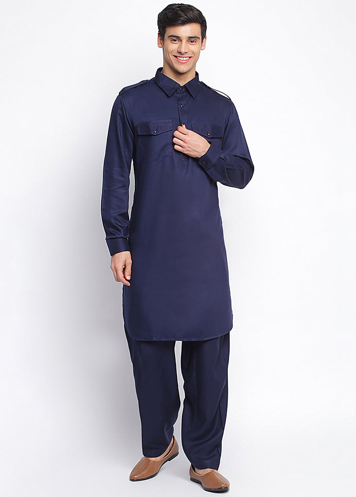 2 Pc Deep Blue Solid Cotton Kurta Pajama Set VDSAN040687 - Indian Silk House Agencies