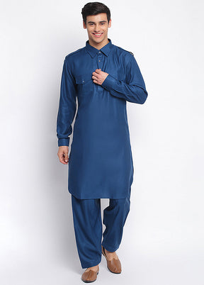 2 Pc Denim Blue Solid Cotton Kurta Pajama Set VDSAN040688 - Indian Silk House Agencies