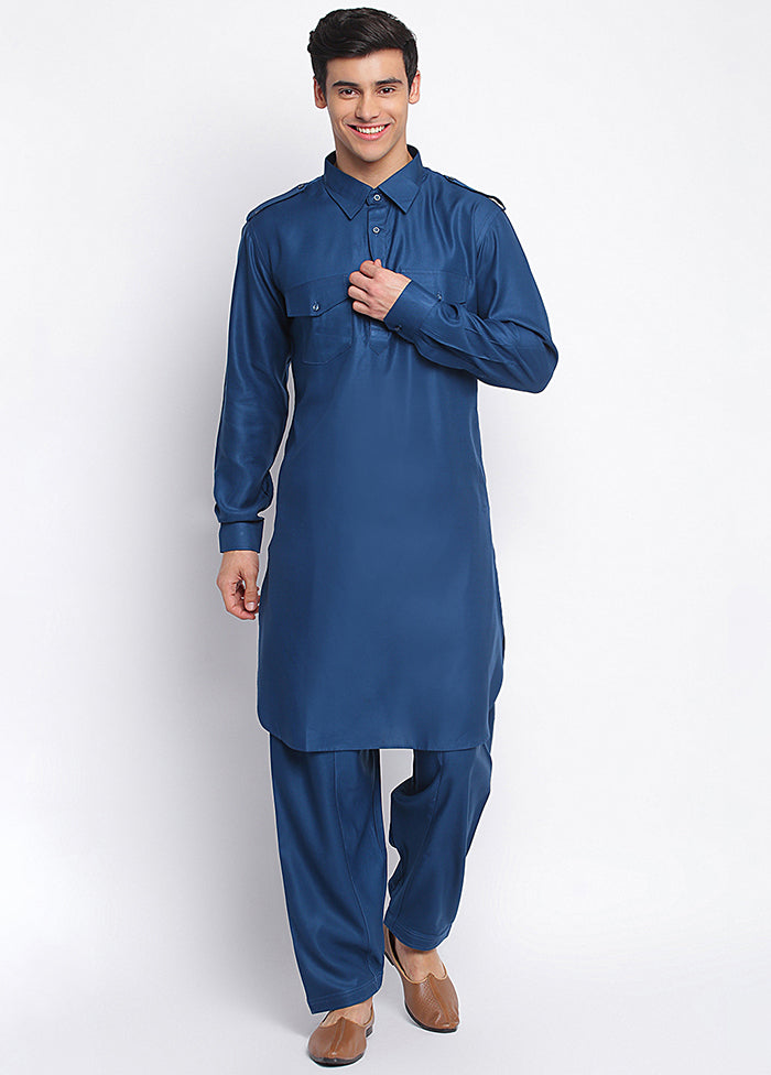 2 Pc Denim Blue Solid Cotton Kurta Pajama Set VDSAN040688 - Indian Silk House Agencies