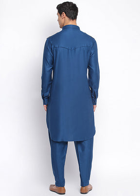 2 Pc Denim Blue Solid Cotton Kurta Pajama Set VDSAN040688 - Indian Silk House Agencies