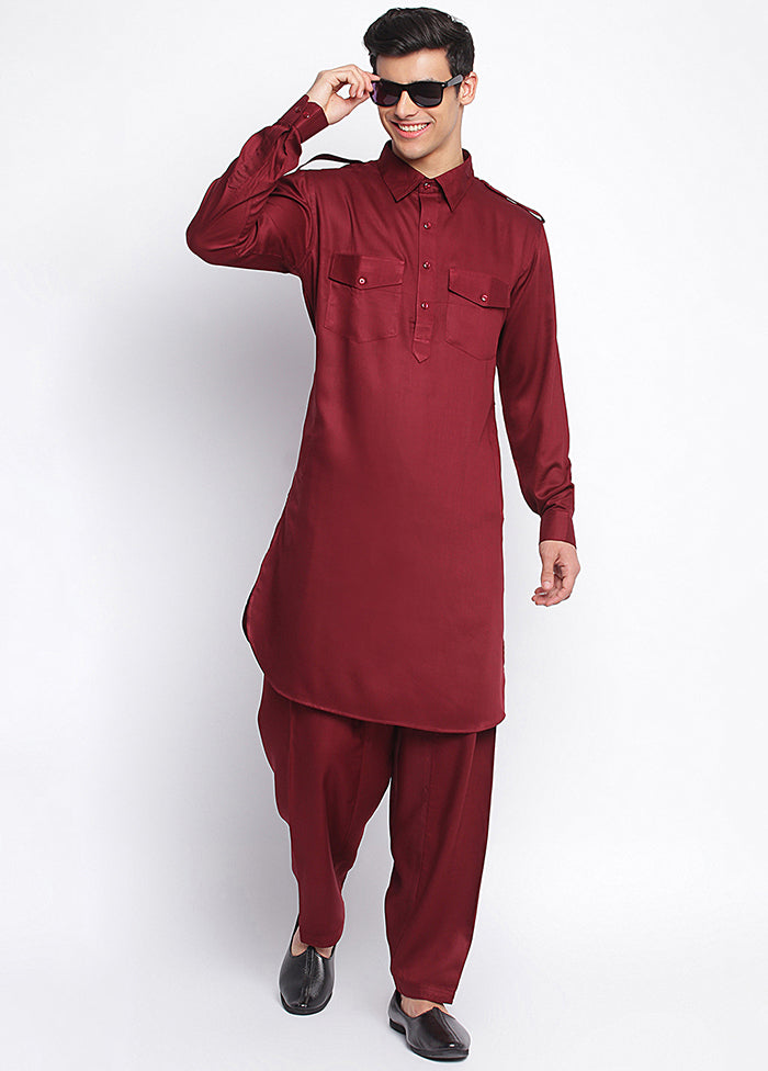 2 Pc Maroon Solid Cotton Kurta Pajama Set VDSAN040689 - Indian Silk House Agencies