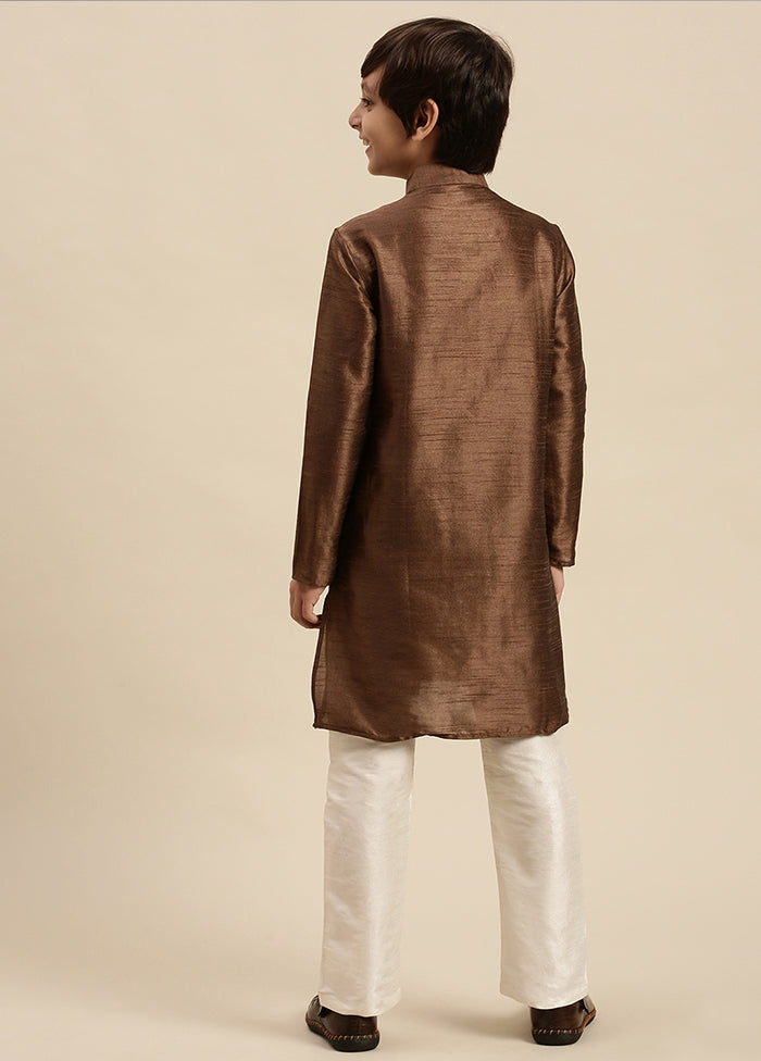 2 Pc Brown Silk Solid Kurta And Pajama Set - Indian Silk House Agencies