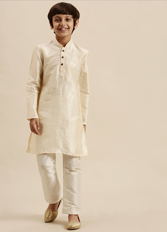 2 Pc Cream Silk Solid Kurta And Pajama Set - Indian Silk House Agencies