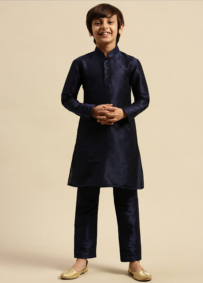 2 Pc Blue Silk Solid Kurta And Pajama Set - Indian Silk House Agencies