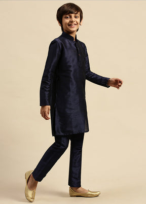 2 Pc Blue Silk Solid Kurta And Pajama Set - Indian Silk House Agencies