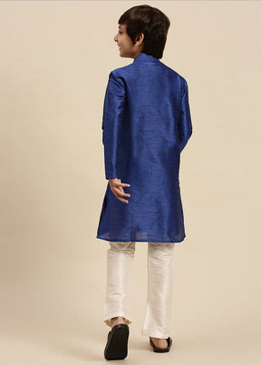 2 Pc Blue Silk Solid Kurta And Pajama Set - Indian Silk House Agencies