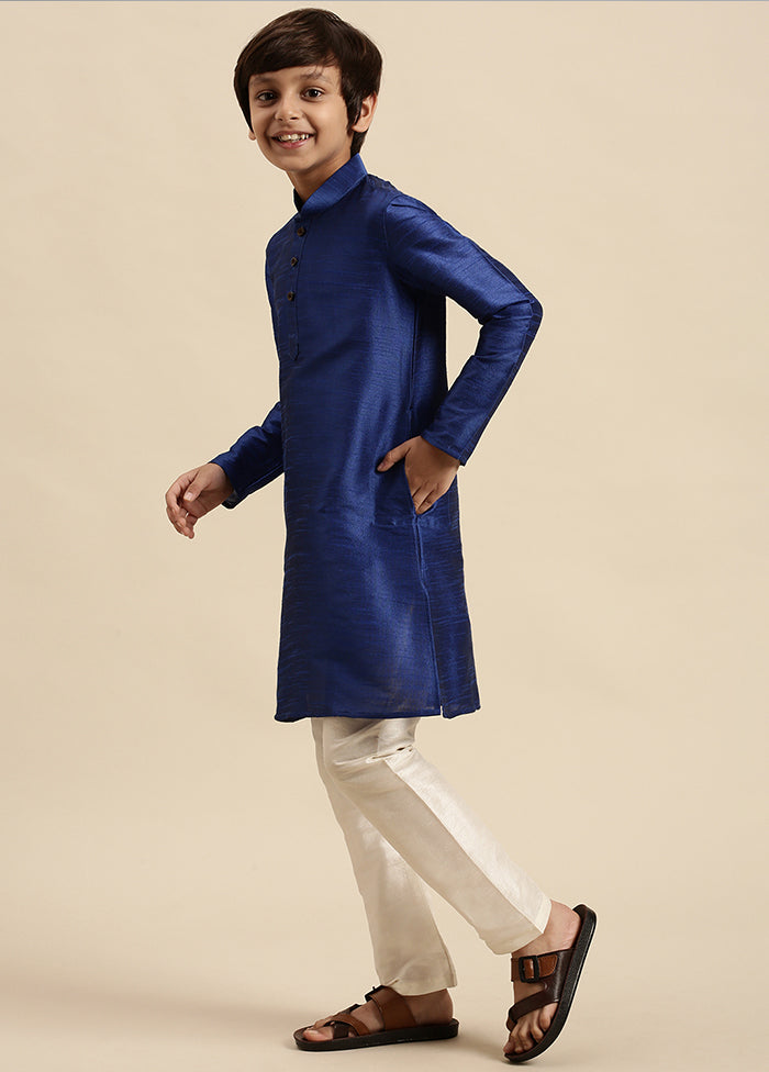 2 Pc Blue Silk Solid Kurta And Pajama Set - Indian Silk House Agencies