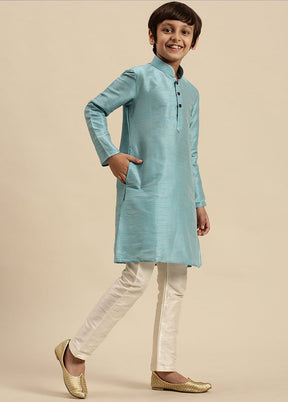 2 Pc Blue Silk Solid Kurta And Pajama Set - Indian Silk House Agencies