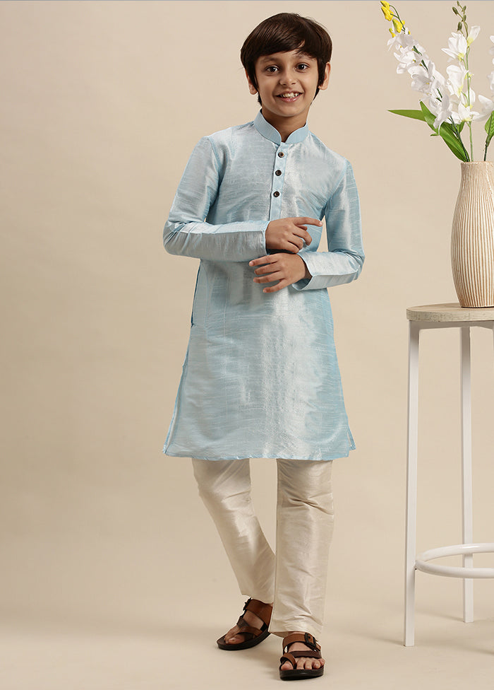 2 Pc Blue Silk Solid Kurta And Pajama Set - Indian Silk House Agencies