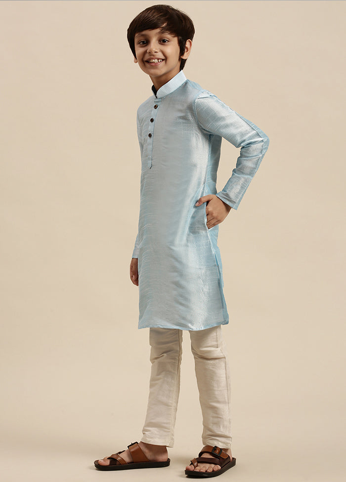 2 Pc Blue Silk Solid Kurta And Pajama Set - Indian Silk House Agencies