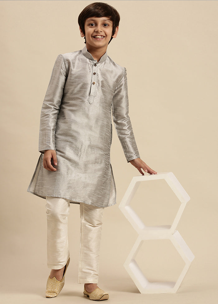 2 Pc Grey Silk Solid Kurta And Pajama Set - Indian Silk House Agencies