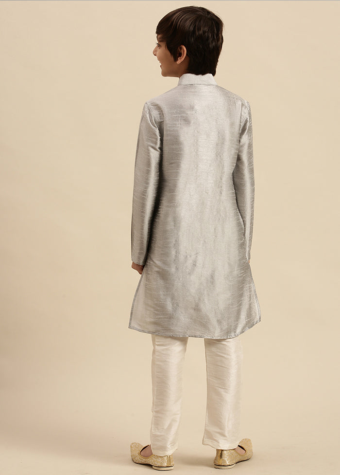 2 Pc Grey Silk Solid Kurta And Pajama Set - Indian Silk House Agencies