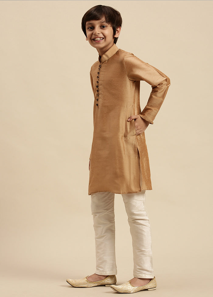 2 Pc Beige Silk Solid Kurta And Pajama Set - Indian Silk House Agencies