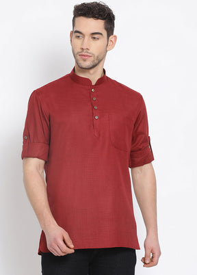 Maroon Solid Cotton Short Kurta - Indian Silk House Agencies