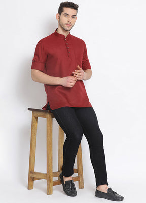 Maroon Solid Cotton Short Kurta - Indian Silk House Agencies