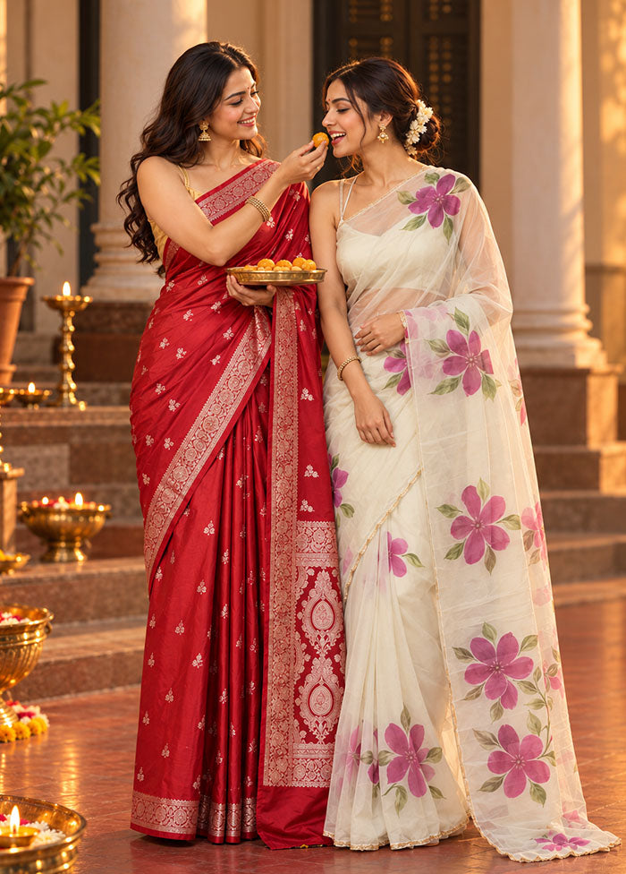 Shankhnaad Duo – Red Banarasi & White Organza Sarees